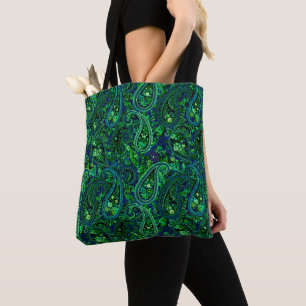 Bolso De Tela Profusión de Paisley Floral Vibrante Azul Verde