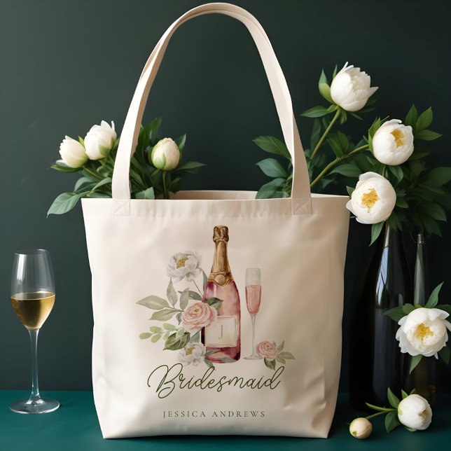 Bolso De Tela Prosecco Acuarela Floral Burbujas Damas de Honor (Prosecco Bubbly Watercolor Floral Bridesmaid Tote Bag)