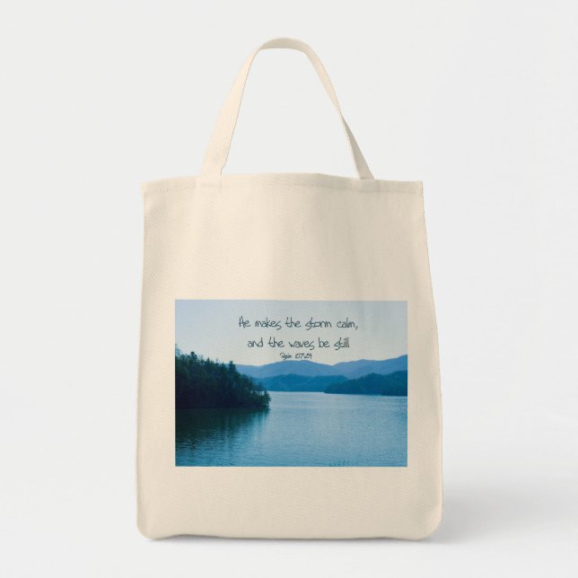 Bolso De Tela Ps 107:29 Hace la tormenta tranquila (Frente)