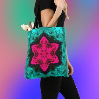 Bolso De Tela Psicodelia Flor Hippie rosa y Verde azulada