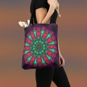 Bolso De Tela Psicodelia Hippie morado rosado y Verde azulado
