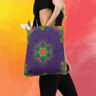 Bolso De Tela Psicodelia Hippie Naranja Púrpura y Verde