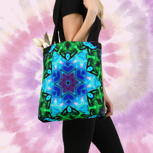 Bolso De Tela Psicodelia Mandala Flor azul morado y verde