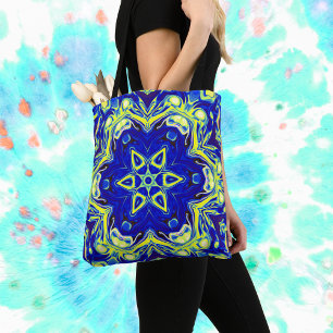 Bolso De Tela Psicodelia Mandala Flor azul y amarillo