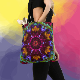 Bolso De Tela Psicodelia Mandala Flor Naranja morado y verde