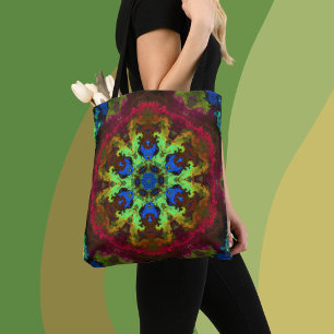 Bolso De Tela Psicodelia Mandala Flor Verde Azul y Rojo