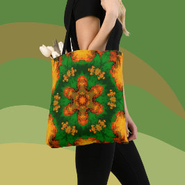 Bolso De Tela Psicodelia Mandala Flor Verde Naranja y Amarillo