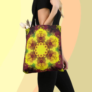 Bolso De Tela Psicodélico Mandala Flor Amarillo y Verde