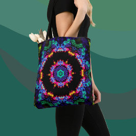Bolso De Tela Psicodélico Mandala Flor Azul Verde y Amarillo