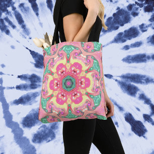 Bolso De Tela Psicodélico Mandala Flor Rosa Verde y Amarillo