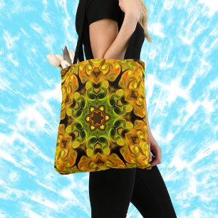 Bolso De Tela Psicodélico Mandala Flor Verde y Amarillo