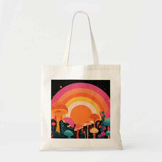 Bolso De Tela Psychedelic Mushroom Sunset – Retro Fantasy Nature (Frente)