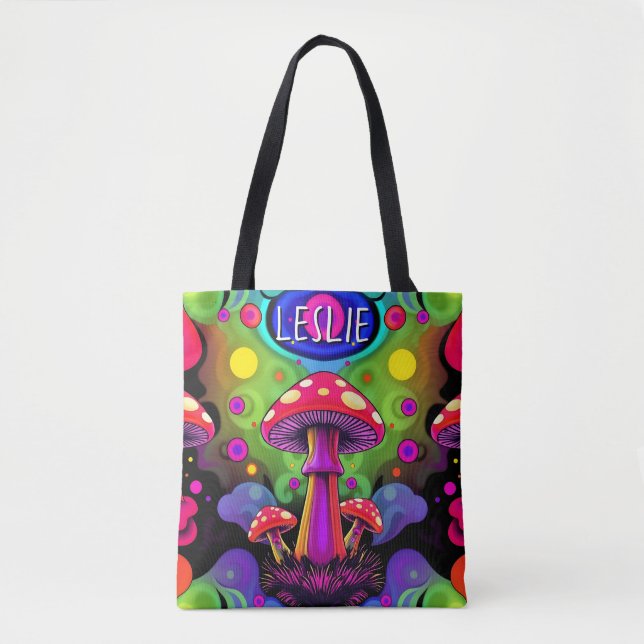 Bolso De Tela Psychedelic Vibrant Colorful Retro Mushrooms (Anverso)