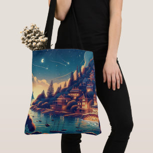 Bolso De Tela Pueblo Costero Nocturno Caprichoso Estrellas Fugac