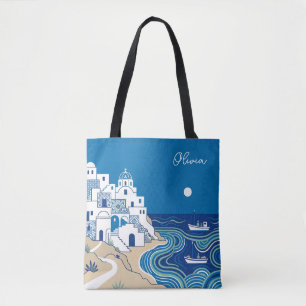 Bolso De Tela Pueblo Mediterráneo Blanco y Azul y Paisaje Marino