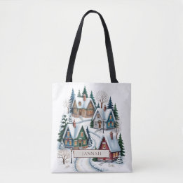Bolso De Tela Pueblo Navideño Nevado Acuarela Nombre