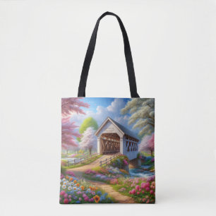Bolso De Tela Puente y río colorido cubierto de primavera/floral