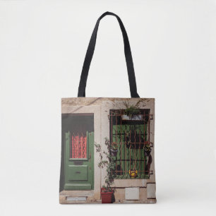 BOLSO DE TELA PUERTA DE MADERA VERDE CON PLANTA VERDE