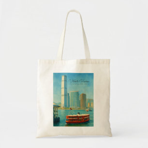 Bolso De Tela Puerto Victoria Hong Kong Silueta Retro Celeste