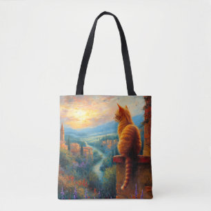 Bolso De Tela Puesta de sol toscana con un gato jengibre
