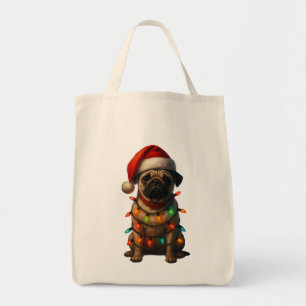 Bolso De Tela Pug Adorable Envuelto en Luces de Navidad con Somb