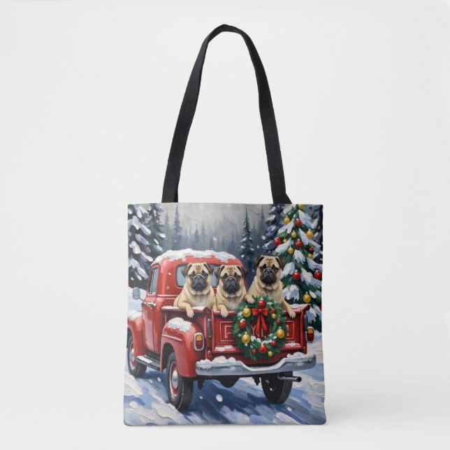 Bolso De Tela Pug Christmas Red Truck Holiday (Anverso)