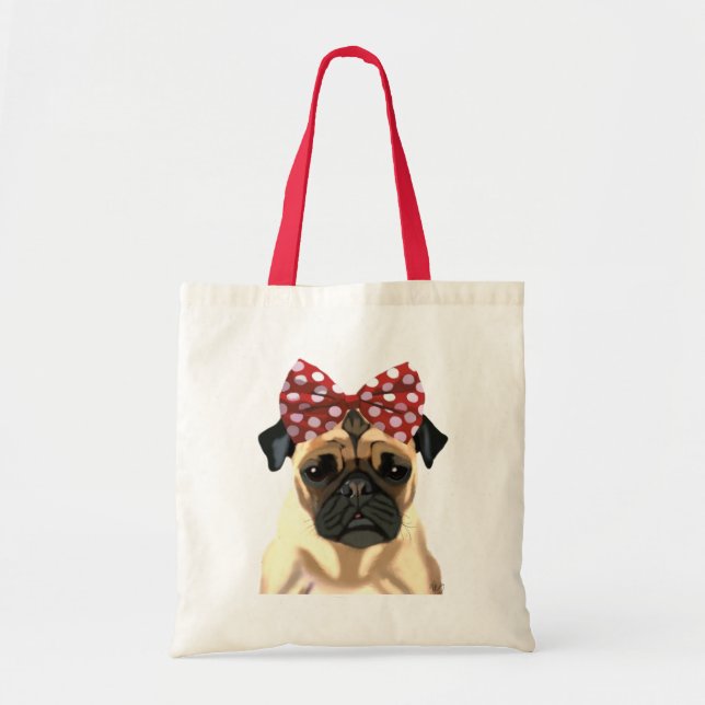 Bolso De Tela Pug con arco rojo sobre la cabeza 2 (Frente)