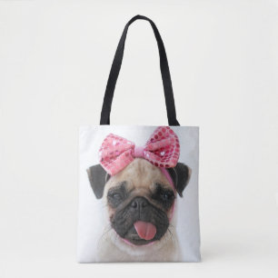 Bolso De Tela Pug con arco rosado