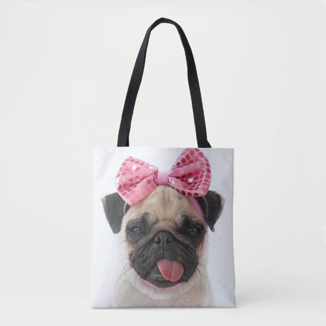 Bolso De Tela Pug con arco rosado (Anverso)