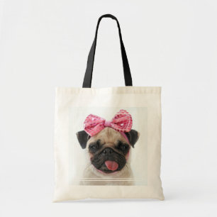 Bolso De Tela Pug con arco rosado