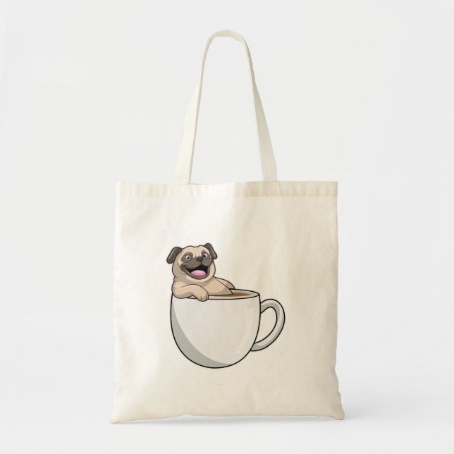 Bolso De Tela Pug con taza de café (Frente)