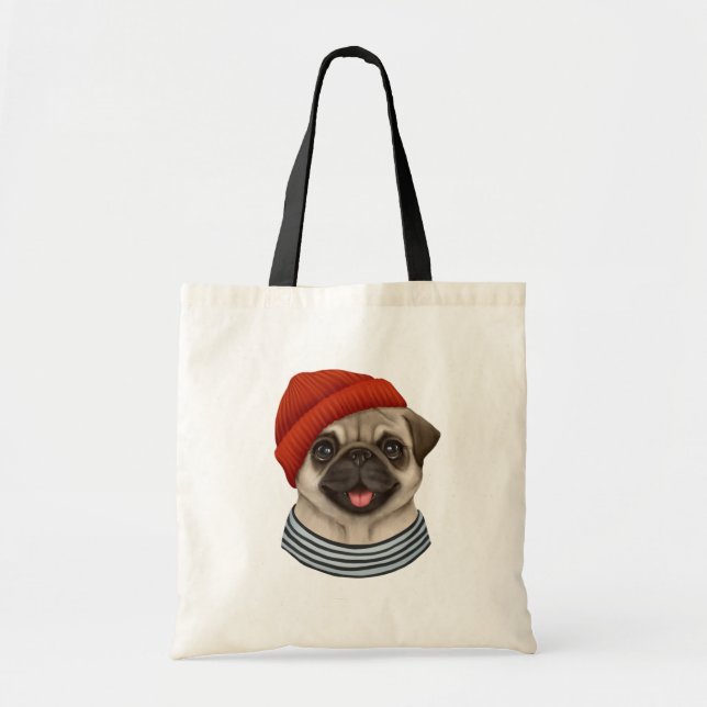 Bolso De Tela Pug en gorra rojo (Frente)