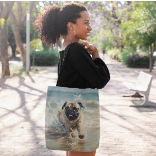 Bolso De Tela Pug feliz en el personalizable de la playa