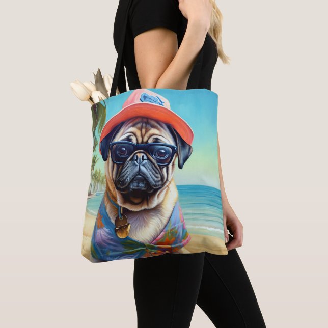 Bolso De Tela Pug on Beach, regalo de verano para el amante del  (Detalle)