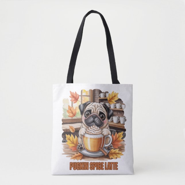 Bolso De Tela Pugkin Spice Latte – Cute Autumn Pug Coffee Design (Anverso)
