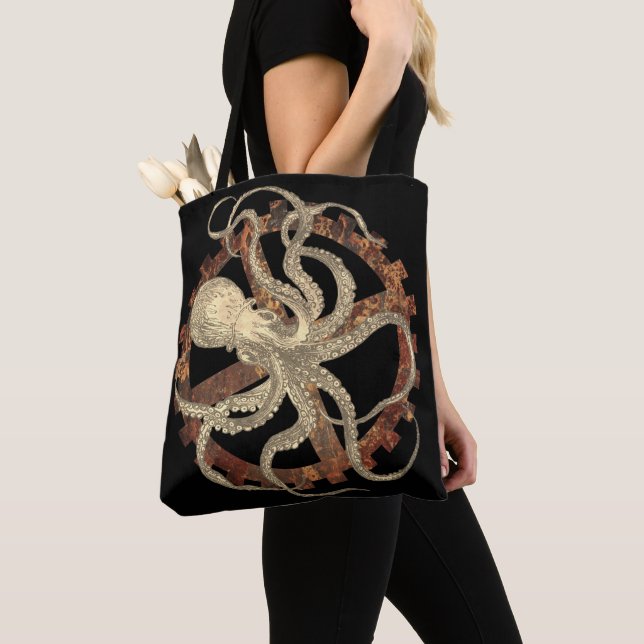 Bolso De Tela Pulpo de vapor y engranaje de relojería rusto (Detalle)