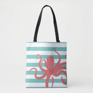 Bolso De Tela Pulpo rojo playa moderna playa blanca rayas verde