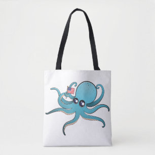 Bolso De Tela Pulpo sosteniendo la bandera estadounidense