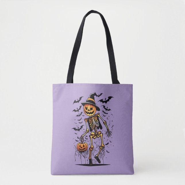 Bolso De Tela Pumpkin Skeleton Halloween Art  (Anverso)