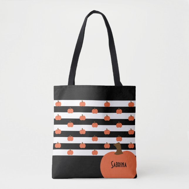 Bolso De Tela Pumpkin with Black & White Stripes - Personalized  (Anverso)