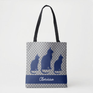 Bolso De Tela Punto de Polka gris con gatos azules de la marina