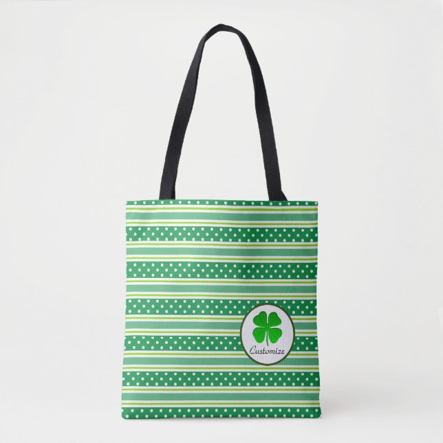 Bolso De Tela Puntos Blancos Y Banda De Tote De Rayas Verdes (Anverso)
