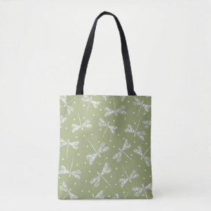 Bolso De Tela Puntos blancos y libélulas de color verde oliva