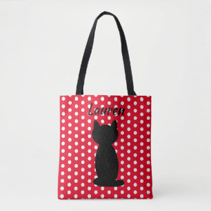 Bolso De Tela Puntos de polka de silueta de gato negro personali