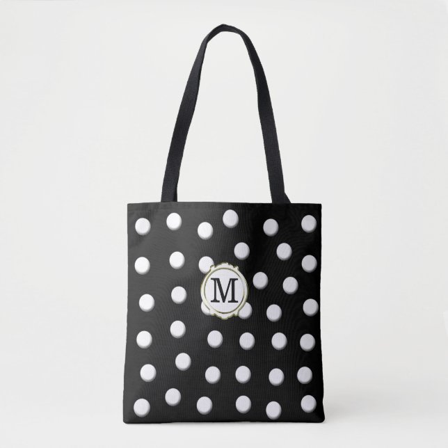 Bolso De Tela Puntos de Polka Dimensionales Blancos en Negro (Anverso)