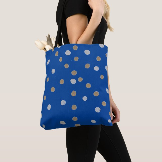 Bolso De Tela Puntos de Polka Plata y Oro en Azul (Detalle)