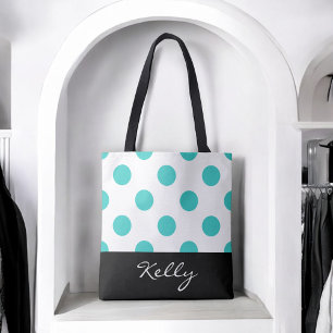 Bolso De Tela Puntos de Polka Turquesa con Monograma