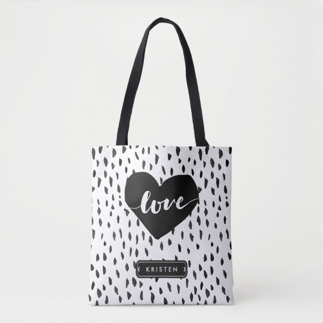 Bolso De Tela Puntos Handdrawn abstractos del blanco del negro (Anverso)