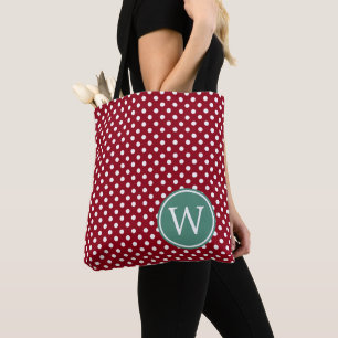 Bolso De Tela Puntos rojos y blancos con monograma de color azul