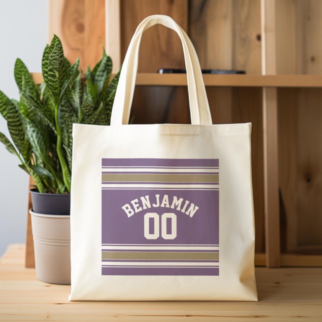 Bolso De Tela Purple and Gold Jersey Stripes Número de nombre pe (Custom Tote Bag)